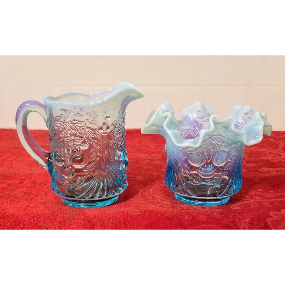L.G.Wright Ice Blue Opalescent (Wreathed) Cherries Cream and Sugar Set